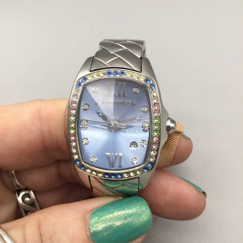 Chronotech Watch Women Silver Tone Rivoli Crystal Blue Date New Battery 6.25" - Picture 8 of 16