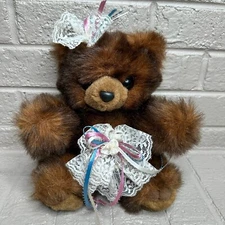 MJC International Brown Teddy Bear 1988 Flower Ribbons Plush Stuffed Animal 9"