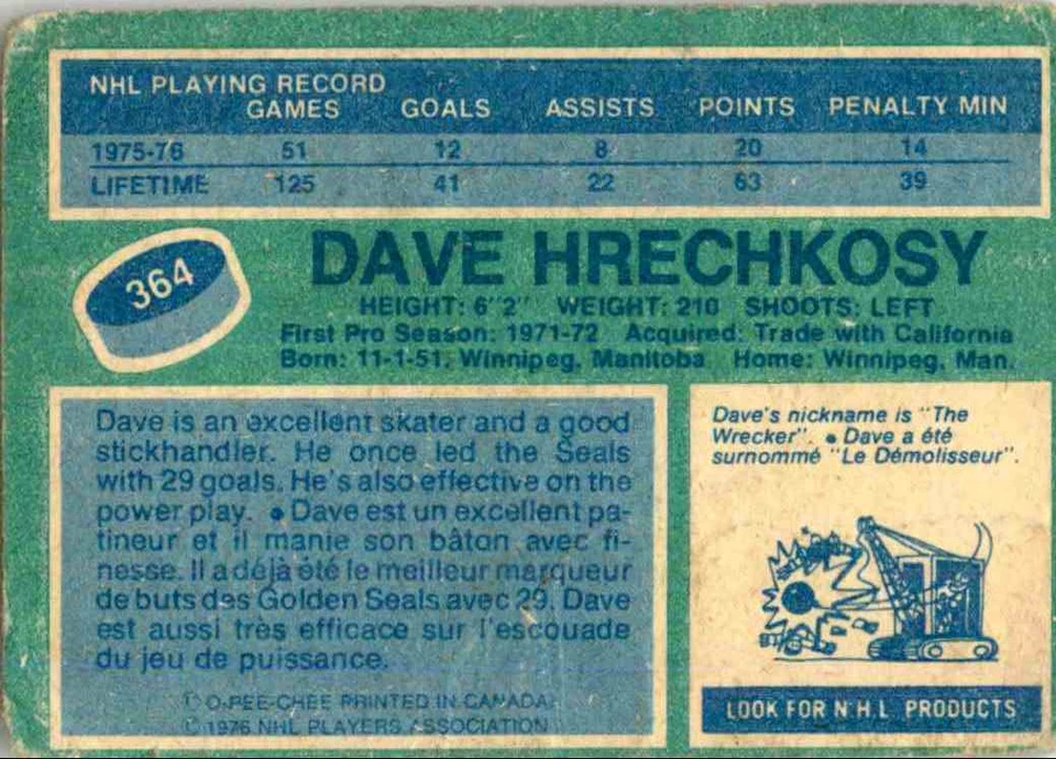 1976-77 O-Pee-Chee Dave Hrechkosy #364 - Image 2 of 2