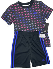 Adidas Boys 6 Black and Blue Logo Shirt and Shorts Outfit Set