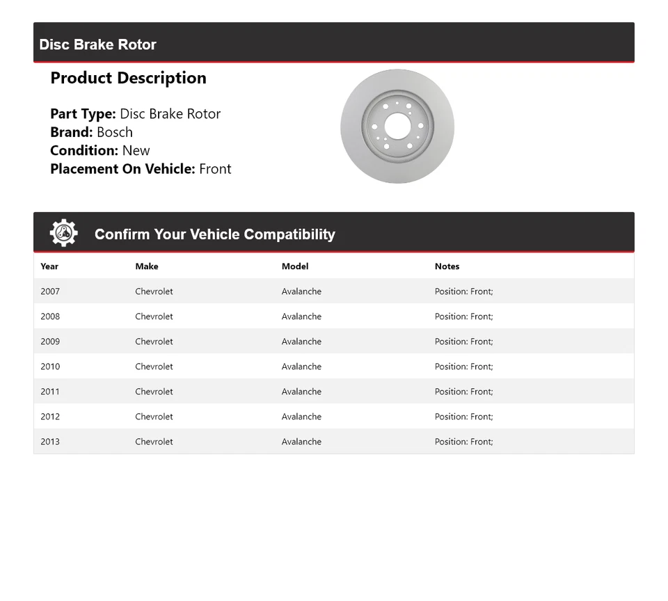 Rotor de freno de disco delantero 2008 para Chevrolet Avalanche Bosch QuietCast 2007-2013 Foto 2 de 4