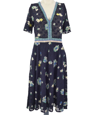 Bash Kleid Blumen Pflaume dunkelblau strukturiert Fit Flare transparent Top V-Ausschnitt Gr. 1 S