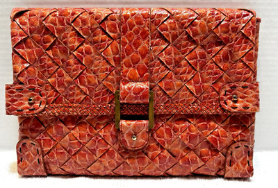 JESSICA SIMPSON Crocodile Print Envelope Clutch Tangerine  Gold & Wood Accents