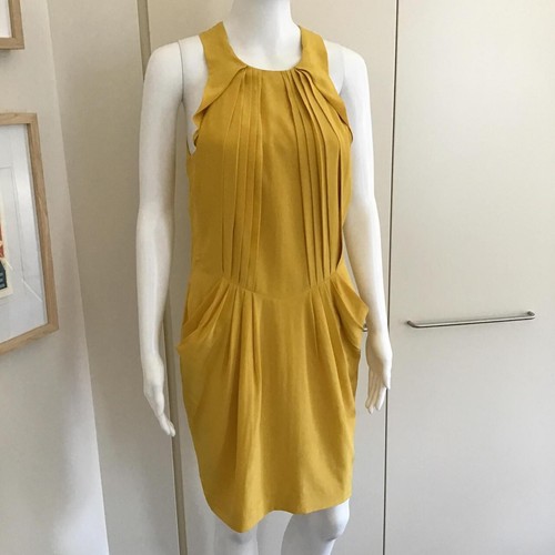 Bianca Spender Size 8 Mustard Yellow Silk Dress/Lined/Pockets/Eco Dry-Cleaned