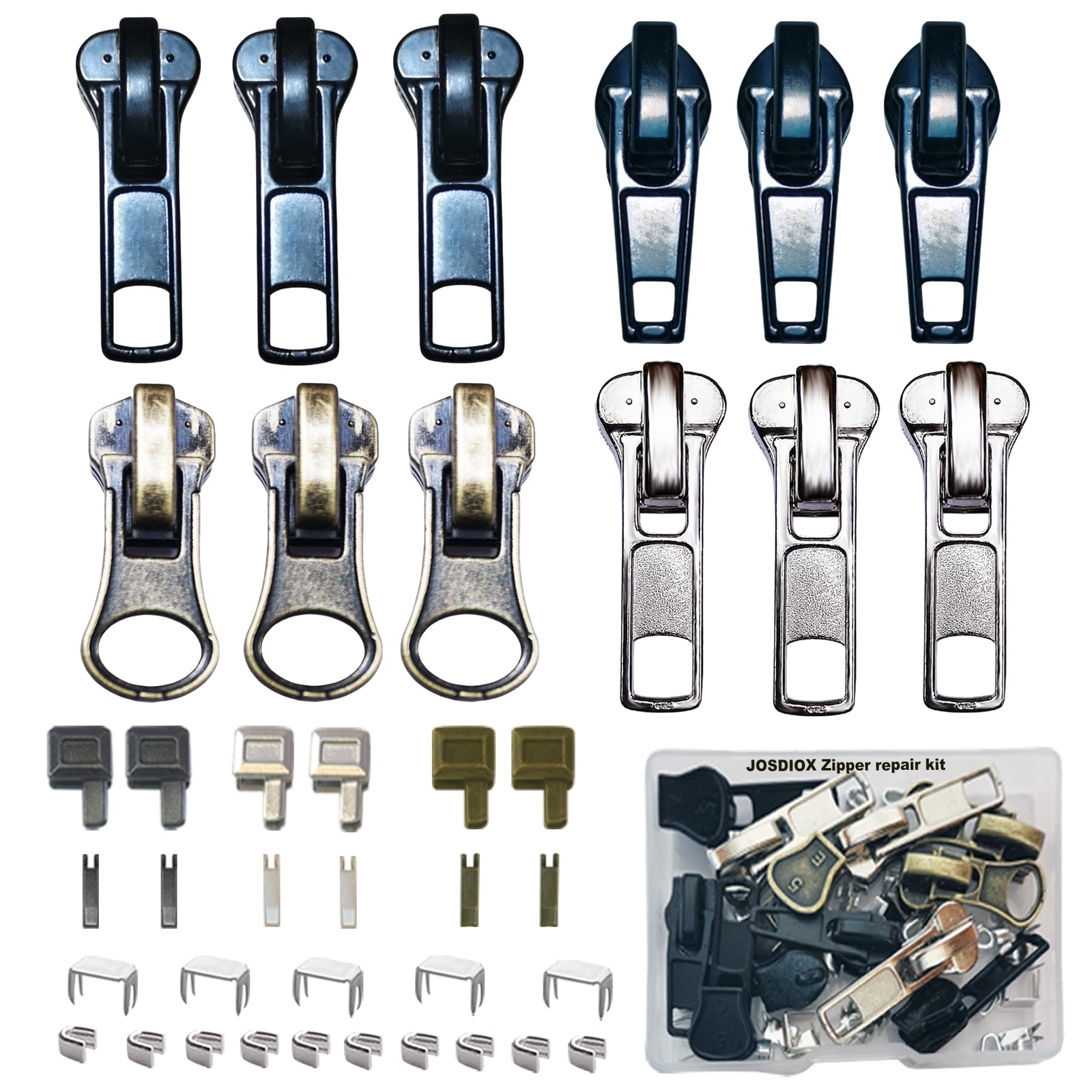 Zipper Repair Kit #5 Sliders with Pull 12 Pcs,#5 Metal Zipper Retainer Box In...