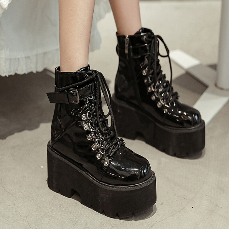 Le donne gotico Blocco Tacco Alto Plateau Stivaletti Moto Lacci Creepers UK