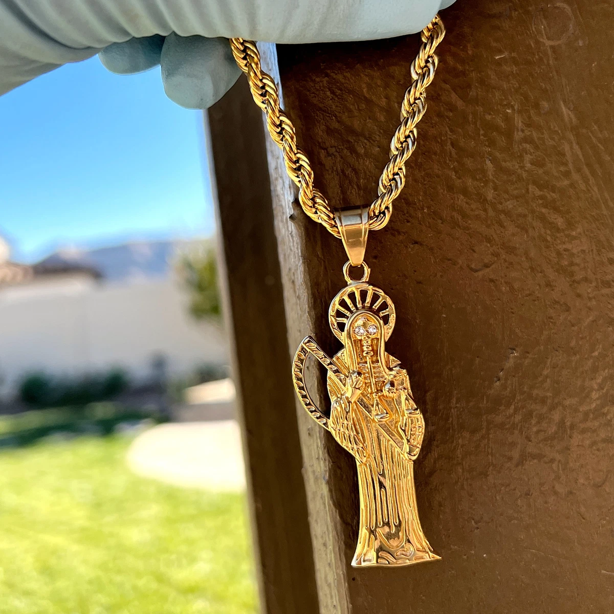 18K Gold Plated Stainless Steel Santa Muerte Pendant gold Necklace