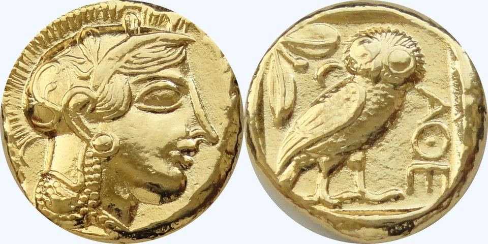 Monedas repro tetradracma de Atenas chapadas en oro de 24 quilates moneda búho diosa atenea Foto 4 de 4