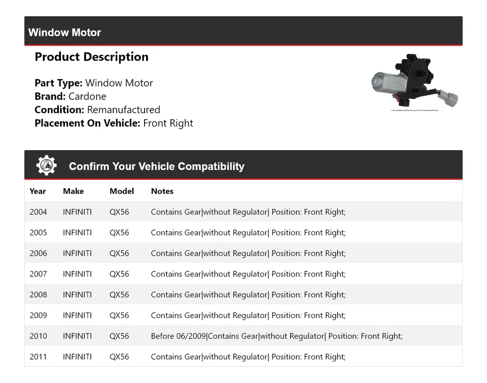 For 2004-2011 INFINITI QX56 Window Motor Front Right Cardone 2005 2006 2007 2008 - Image 2 of 4