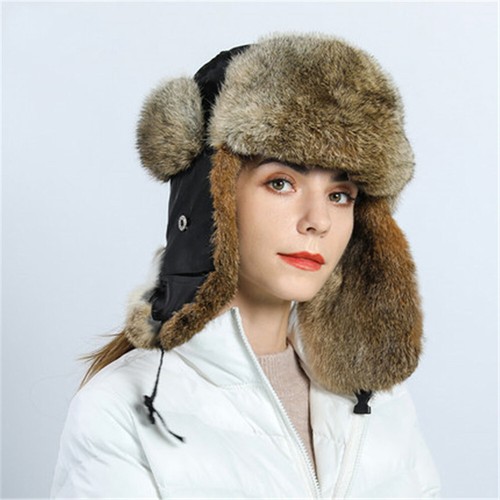 Women's Real Rabbit Fur Hat Russian Ushanka Hat Winter Aviator Trapper ...