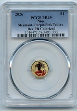 2026 Niue Mermaid Purple/Pink Tail 1 Gram Gold  PCGS Rev PR69 Colorized