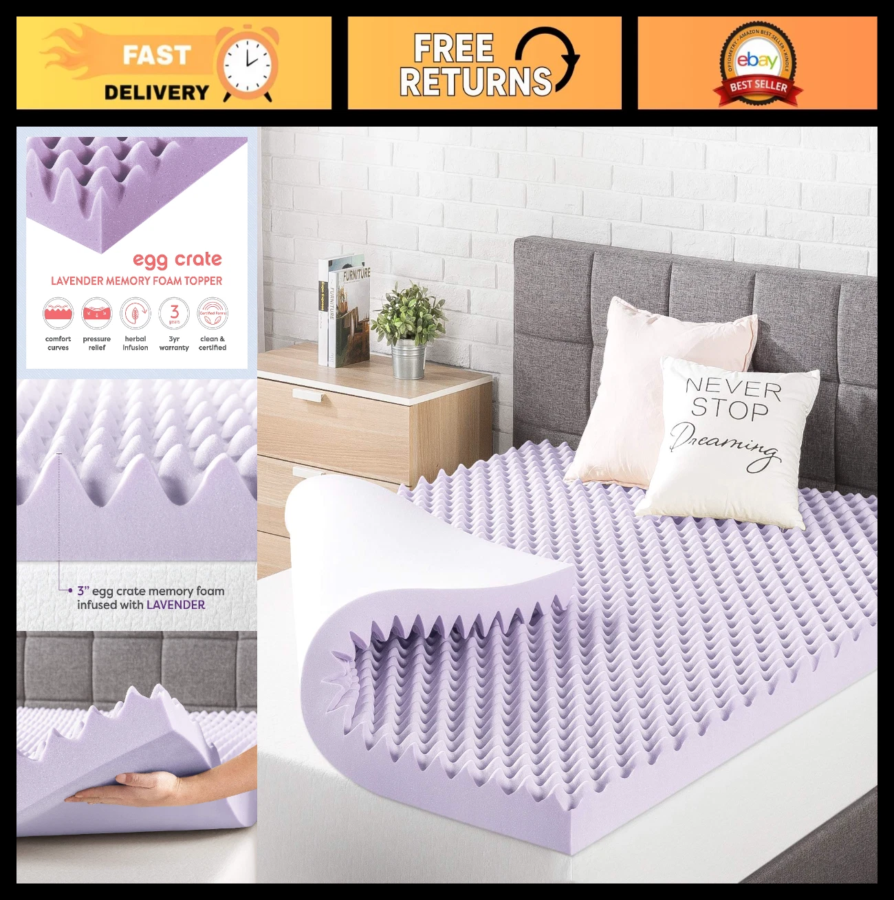 3" Egg Crate Memory Foam Mattress Topper, Lavender Infusion, CertiPUR-US, Twin S