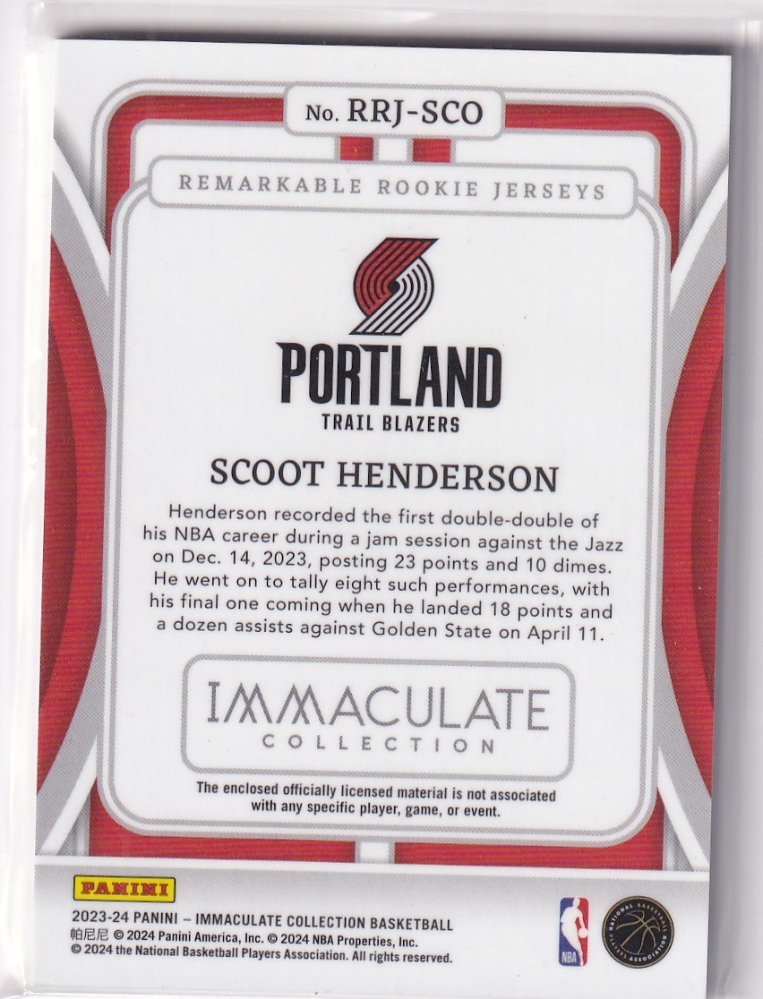 2023-24 Panini Immaculate NBA No. RRJ-SCO Scoot Henderson Rookie