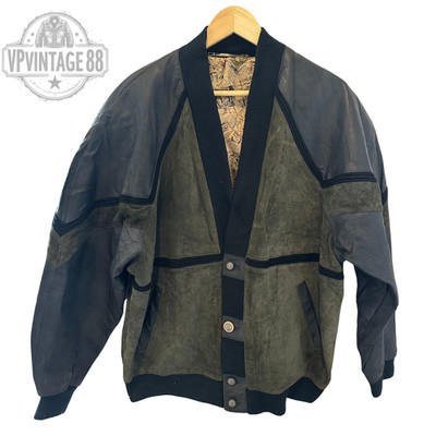 Vintage Azteken Navajo Bomberjacke Inka Style grün schwarz Leder Festival Mantel