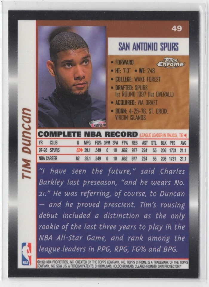 1998-99 Topps Chrome Tim Duncan San Antonio Spurs #49 - Image 2 of 2