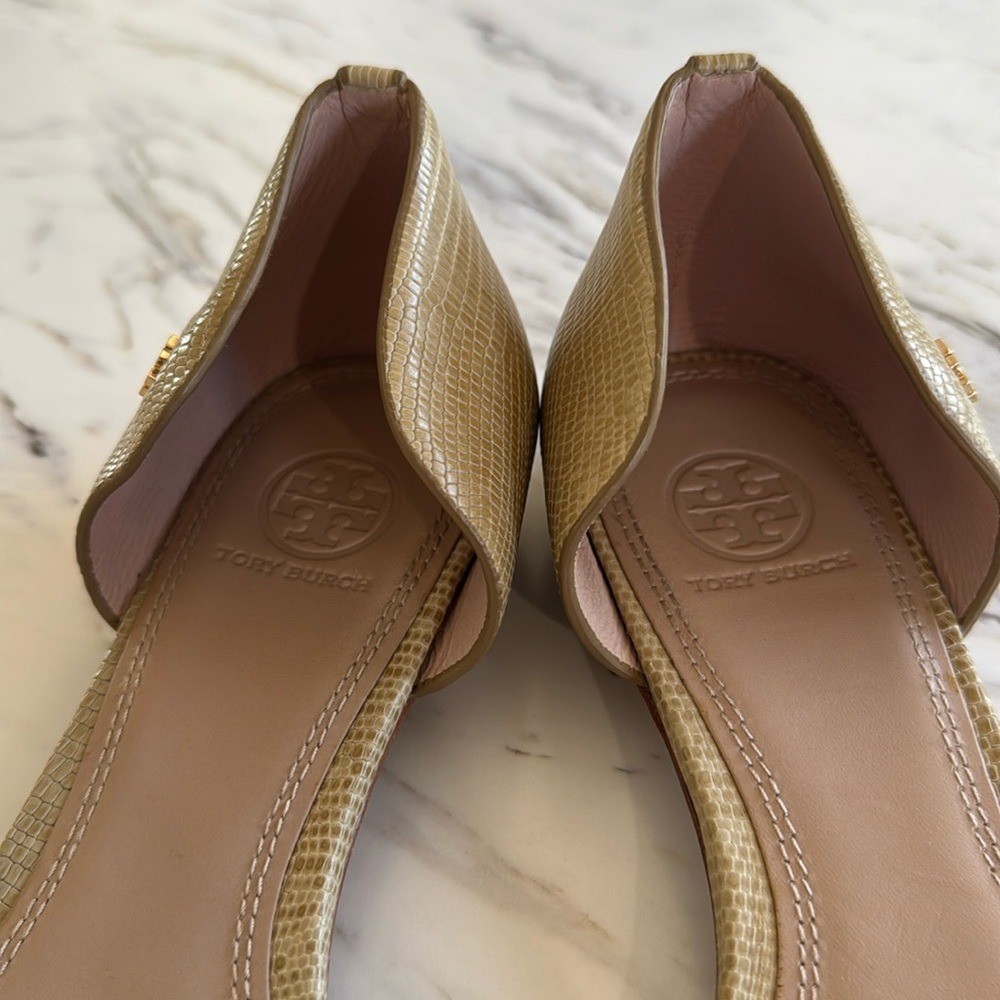 Tory Burch Savannah D'Orsay Flat Sandals Tan Embossed Leather Strap Front Sz 10 thumbnail 2