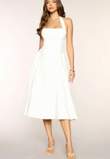 Women’s White Polka Dot Halter Square Neck Backless Bow A-Line Midi Dress S
