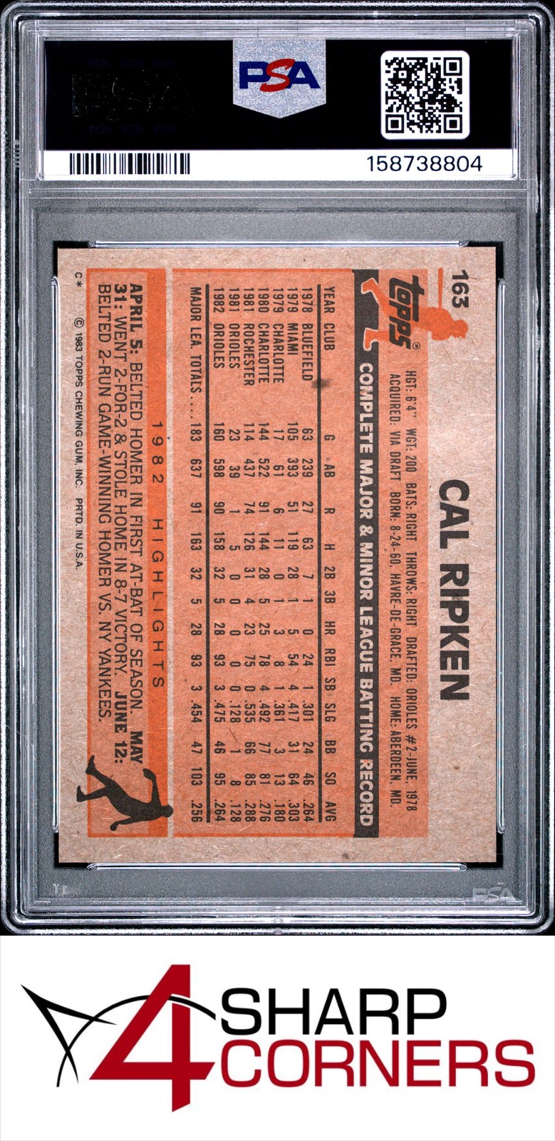 1983 TOPPS #163 CAL RIPKEN JR. ORIOLES HOF PSA 9 view 2