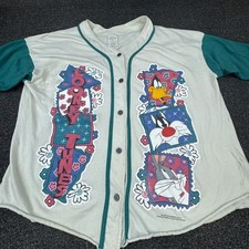 Vintage Looney Tunes Shirt Mens XL White Green Baseball Bugs Bunny 90s Cartoon