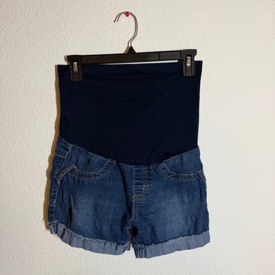Maternity Denim Shorts Full Belly Band Cuffed Raw Hem Medium Wash Blue Size S