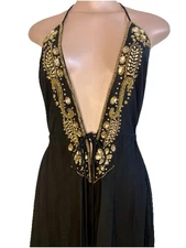 New Venus Black Gold High Low Long Maxi Gown Vacation Coverup Resort Dress Small