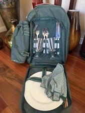 L.L. Bean Picnic Lunch Insulated Backpack With Utensils Green Plaid Read