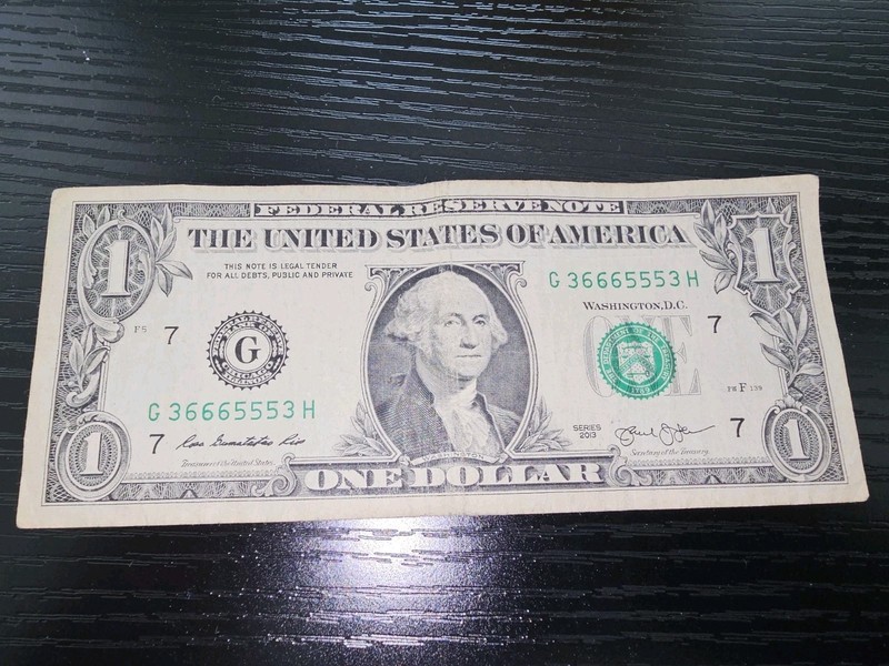 $1 One Dollar Bill Trinary Serial Number G36665553H Series 2013