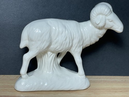 Vtg White Big Horn Sheep Glazed Ceramic Figurine Farmhouse Decor Atlantic Mold