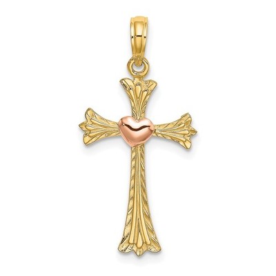 14k Two-Tone Gold Textured Cross with Heart Charm Pendant L 23.7mm, W 15mm