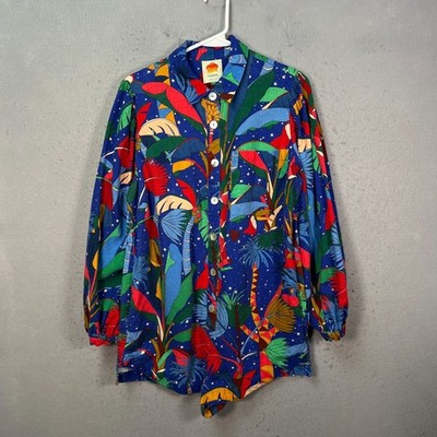 Farm Rio Womens Size Medium Multicolor Tropical Button-Up Shirt Linen Blend