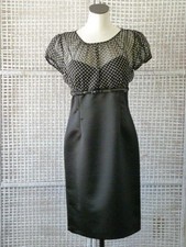 TAHARI Arthur S Levine B&W Dot Silk Chiffon & Black Satin Belt Sheath Dress 8 S