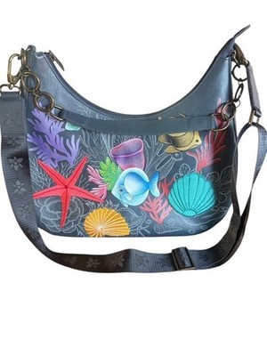 Anuschka Hand Painted Hobo Purse Leather With Embroidered Details Ocean Reef
