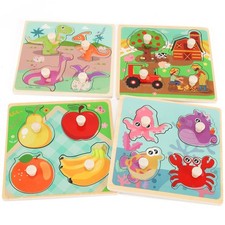 Educational Wooden Peg Puzzles Set for Toddlers 1-3, 4 Fun Themes - Farm, Dino,