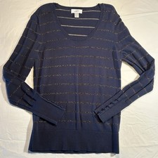 Ann Taylor LOFT Women s Med. Navy Blue/Metallic Striped Sweater W/Button Cuffs