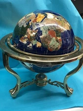 GEMSTONE INLAID WORLD 12" GLOBE W/ BRASS ZODIAC STAND & COMPASS