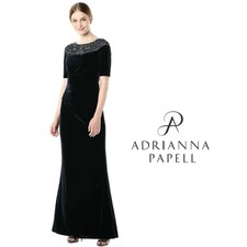 NEW Adrianna Papell Midnight Navy Velvet Beaded Gown Sz 10
