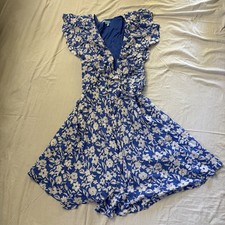 DRAPER JAMES RSVP Blue White Floral Flounce Wrap Tie Knee Cottagecore Dress M
