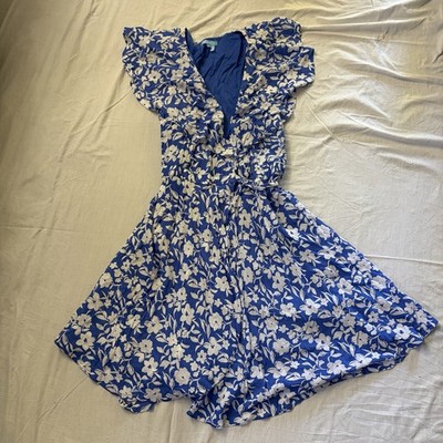 DRAPER JAMES RSVP Blue White Floral Flounce Wrap Tie Knee Cottagecore Dress M