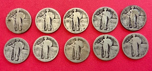 Lot of 10 25c Standing Liberty Silver Quarters, Dateless
