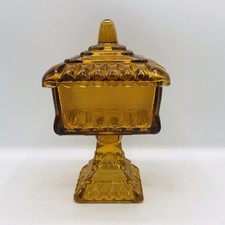 Vintage Amber Wedding Jar Candy Dish Covered w/ Lid Pedestal 6.5 Inches