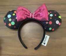 Disney Black Mouse Ears Headband Bright Polka Dots Lg Sequin Dots Pink Bow