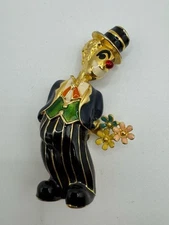 Vintage Gold Tone Enamel Clown w/ Flowers Brooch Pin - Happy Red Nose Circus