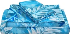 JSD Blue Tropical Leaves Print Sheet Set Queen, 4 Piece Soft Leaf 