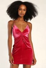 Lulus Large Flirty Era Hot Pink Velvet Twist Front Bodycon Mini Dress NEW
