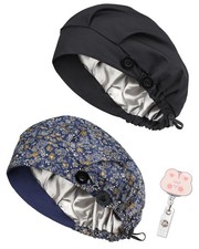 2 PCS Satin Lined Bouffant Scrub Caps Buttons Adjustable Women Men Hats