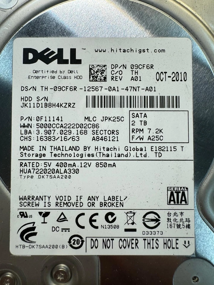 DELL HUA722020ALA330 0F11141 09CF6R 2TB 7.2K RPM 64MB CACHE 6Gb/s SATA 3.5" HDD - Image 2 of 4