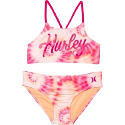 Hurley Little Girl's Size 6 2 Pc Bikini Swimsuit Active Orange Pink Tie Dye