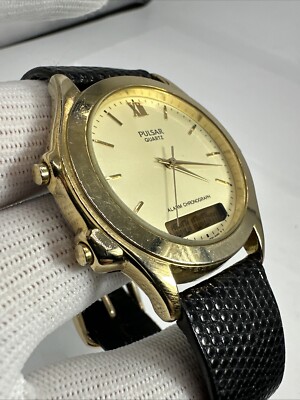 Vtg Pulsar Watch Men Gold Tone V041-9230 Analog Digital Leather