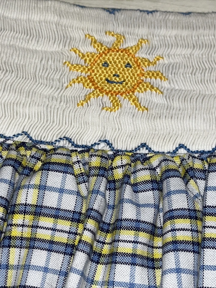 Silly Goose Hand Smocked Plaid Dress radiant Suns W/ Smiley Faces Size 6X - Image 2 of 4