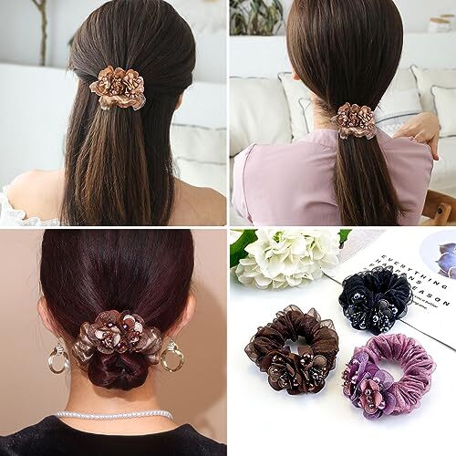 4 PCS Flower Hair Scrunchies for Women Rhinestone Elastic Hair Bands, A - Bild 7 von 7